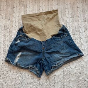 Indigo Blue distressed maternity Denim Shorts with Tan Band - Large